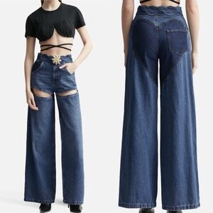 Area Wide Leg Slit Jeans Golden FlorL Waist Hardware Cut Out Detail Size‎ 28
